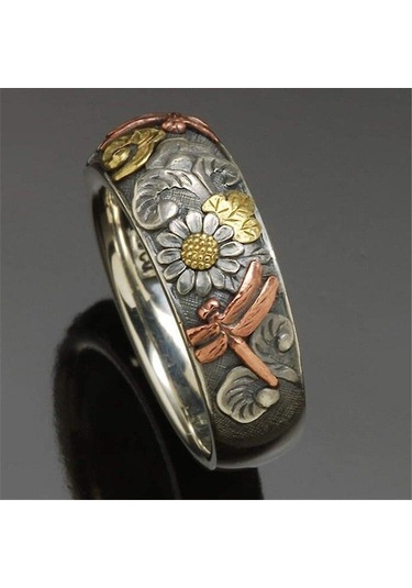 Kadın Vintage Yusufçuk Ayçiçeği Yüzük Benzersiz Nişan Alyans Band Yıldönümü Hediye Takı Boyutu 5-11 11 Çok Renkli