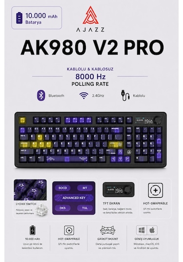 Ak980v2 Pro 8000 Hz Kablosuz Mekanik Oyun Klavyesi-tft Ekranlı-rapid Trigger
