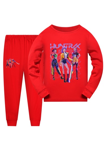 Kpop Hunter Cadılar Anime Baskılı Kız Çocuk Trend Pijama Takımı Kırmızı