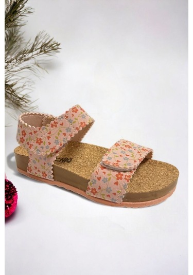 Pudra Süet Çiçek Desenli Kız Çocuk Sandalet 001