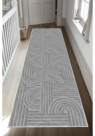 Geometrik Desenli Dekoratif Kaymaz Taban Yıkanabilir Yolluk Antre Hol Halısı Gri