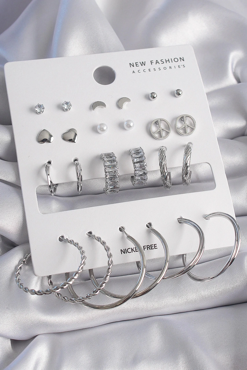 Dodes Pirinç Gümüş Renk Zirkon Taşlı 12 Çift Kadın Küpe Seti Tg27bkp9682 Çok Renkli