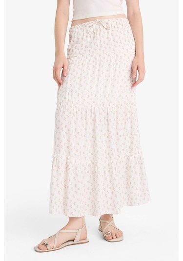 Defacto Floral Yüksek Bel Pamuk Astarlı Maxi Etek F9460ax25hswt32 Beyaz