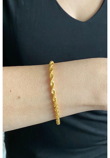 14 Ayar Altın Kalın Halat Zincir Bileklik 4 Mm Sarı Sarı Altın