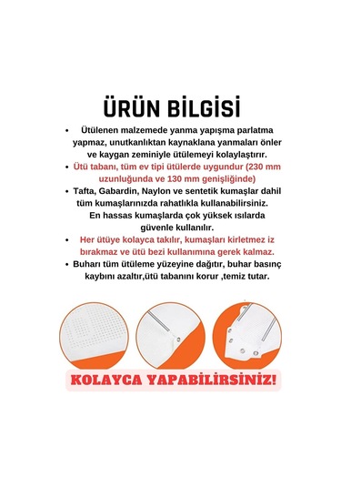Teflon Ütü Altlığı Yanmaz, Yapışmaz, Parlatmaz Ütü Tabanı Universal Tak-Çıkar Tüm Ütülerle Uyumlu