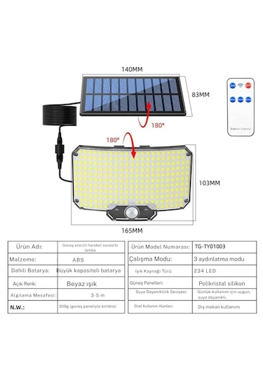 Techtic Güneş Enerjili Solar Lamba 234led Hareket Sensörlü Kumandalı Su Geçirmez Duvar Lambası Siyah