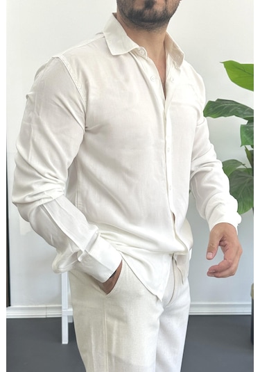 Erkek Viskon Kumaş Uzun Kollu Gömlek Beyaz Edw391 Beyaz