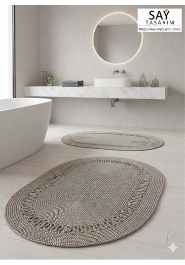 Üçlü Banyo Seti 2 Paspas- 1 Organizer Sepet Jüt İp Ekru - Hardal
