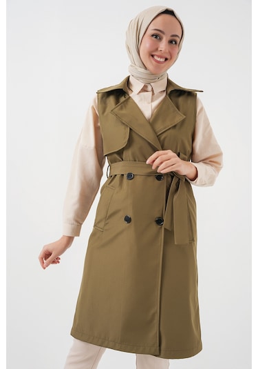 5911 Kruvaze Yaka Trençkot Yelek - Haki haki