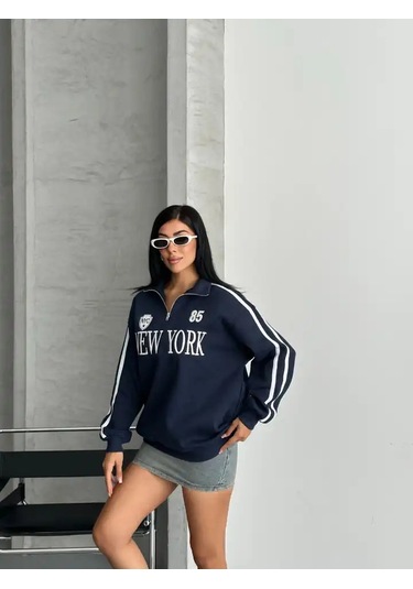 Yarım Fermuarlı Newyork Yazılı Sweat Lacivert