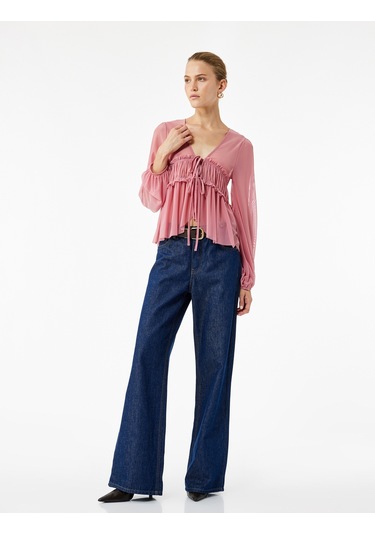 Koton Uzun Kollu Bağlamalı Fiyonk Detaylı Yarı Transparan V Yaka Fırfırlı Bluz Pembe 6wak80130ek Gül