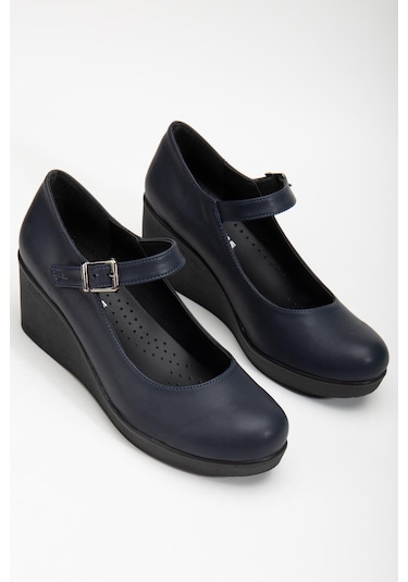 Baretli Suni Deri Lacivert Kadın Dolgu Taban Ayakkabı-3103-lacivert Lacivert