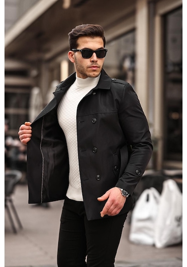 Mero Life Erkek Siyah Mevsimlik Astarlı Kemerli Kruvaze Trençkot Siyah