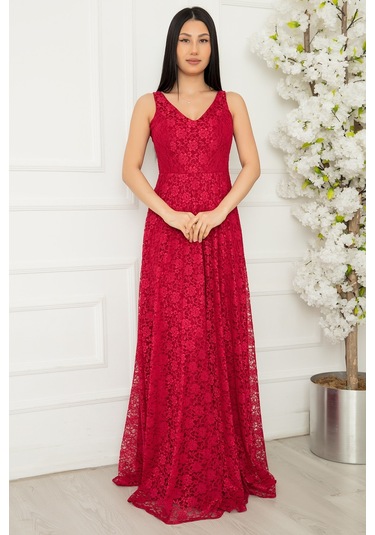 Kalopya V Yaka Dantel Uzun Abiye Elbise 13103- Çok Renkli