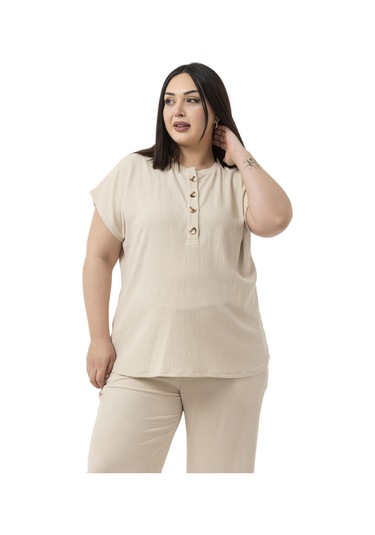 Büyük Beden Düşük Kollu Bluz Pantolon Bej Rengi İkili Takım Bej