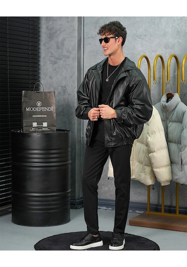 Modefendi Yüksek Kalite Bomber Oversize Deri Mont Siyah
