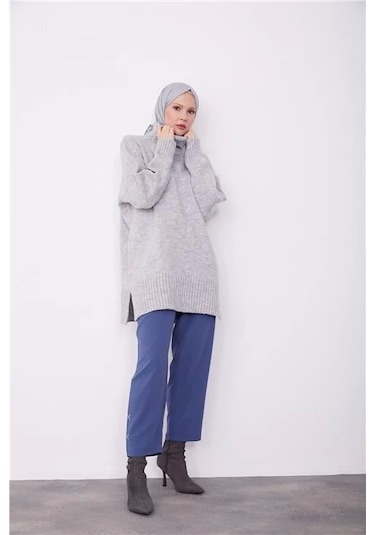 Armine Paçası Nakışlı Pantolon 23k2507 İndigo Mavi