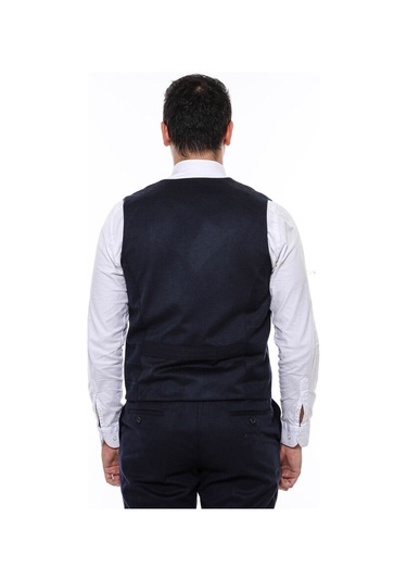 Wessi Kruvaze Yakalı Kareli Desenli Erkek Yelek - Lacivert