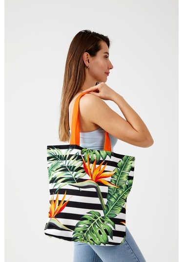 Kadın Siyah Beyaz Tropikal Yaprak Bez Alışveriş Plaj Çantası Beyaz - Siyah