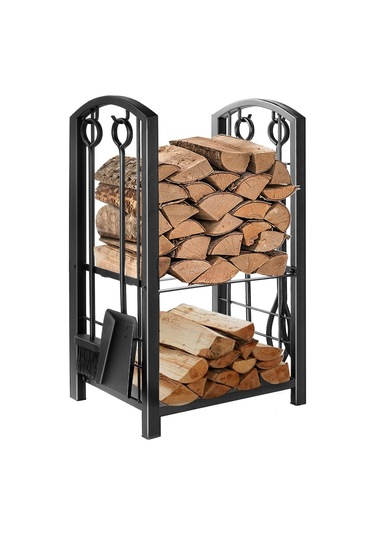 5 Li İthal Metal Oval Odunluk Raflı Şömine - Soba Maşa Takımı Aksesuar Seti