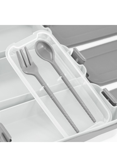 İronika 1260 Ml 3 Katlı Kapaklı Çatal Bıçaklı Beslenme Kutusu Lunch Box Beslenme Kabı - Gri Gri