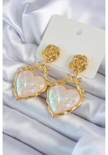 Gül Sallantı Kalp Model Pirinç Vip Kadın Küpe Gold Renk Çok Renkli