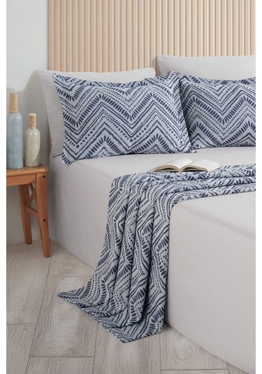 Elart Petra Keten Görünümlü Yatak Örtüsü Seti 3 Parça Çift Kişilik Lacivert