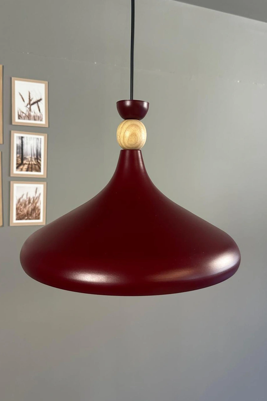 Vişne Çürüğü Ahşap Şapka Tekli Avize Sarkıt Salon Mutfak Cafe Butik Lamba Aydınlatma Avizeler Vişne Çürüğü