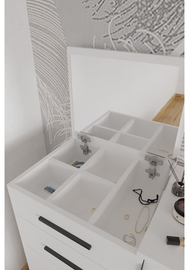 Rose Aynalı Makyaj Masası, Şifonyer, Etijer, Çok Amaçlı Takı Dolabı, Beyaz Beyaz