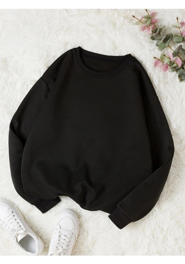 Baskısız Düz Sweatshirt - Siyah Kalın Kışlık Şardonlu Uzun Kol Oversize Bisiklet Yaka Siyah