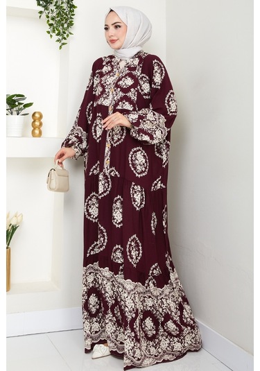 Giral Dokuma Viskon Elbise 1543 - Mürdüm Mürdüm