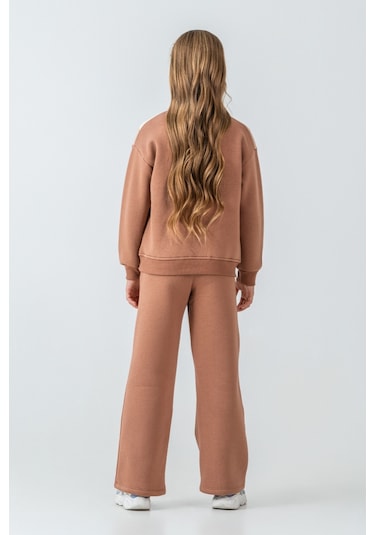 Kız Çocuk Kelebek Detaylı Yarım Fermuarlı 3 İplik Kalın Kışlık Eşofman Takımı Ak4233 Kahverengi