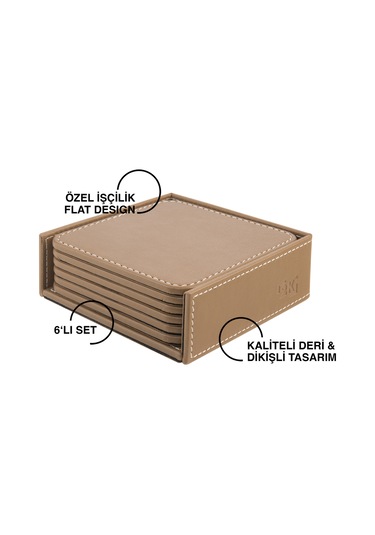 Bardak Altlığı,6 Lı Set,masaüstü Kare Cup Coaster,vegan Suni Deri,11x11 Cm.,vizon