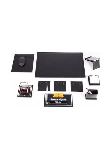 Opta 10 Parça Denge Topu Biblolu Siyah Deri Sümen Seti Takımı Gümüş Ofis Masa İsimliği Lüks İsimlik