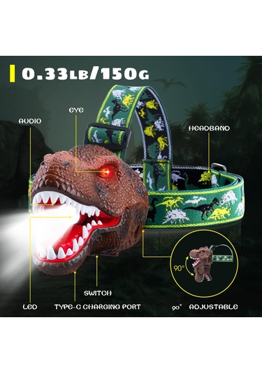 Dofolink Çocuklar İçin Dinozor Şekilli Şapka Feneri - Usb Şarjlı, Işıklı Ve Sesli, Outdoor Maceralar İçin Güvenli Oyuncak Çok Renkli