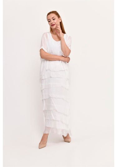 İtalyan 2 Beden İnce Gösteren Yarım Kol Kat Kat Ipek Elbise Beyaz