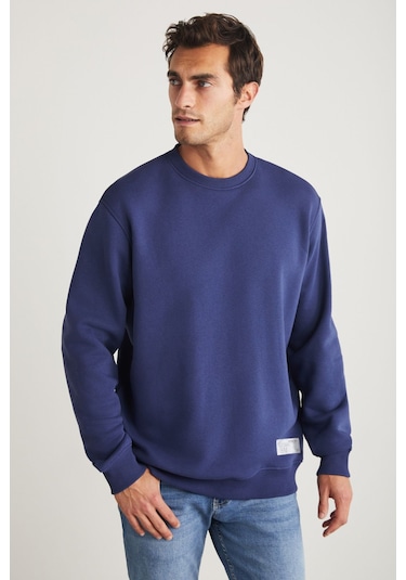 GRIMELANGE Travıs Erkek Organik Kumaşlı Yumuşacık Regular Fit Yuvarlak Yakalı Lacivert Sweatshirt Lacivert
