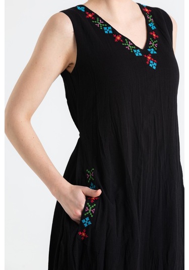 Kolsuz Şile Bezi Mehtap Midi Boy Elbise Siyah Syh-siyah