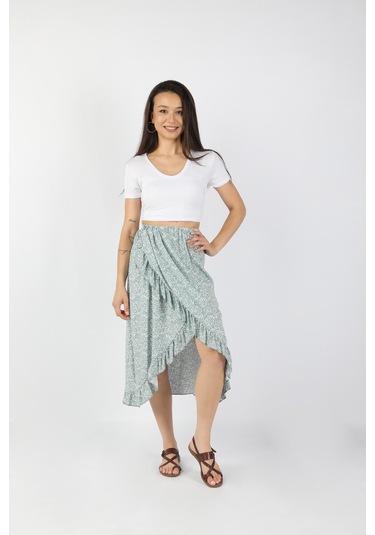 Kadın Fırfırlı Viskon Etek Su Yeşili