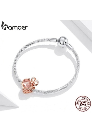 Novahub 925 Ayar Gümüş Gül Kalp Zirkon Boncuk Kadın Romantik Yay Kolye Charm Bilezik Dıy Takı Hediye Rose Gold