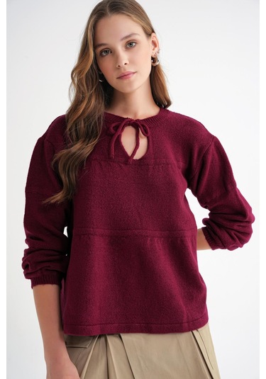 6950 Kadın Yakası Bağcıklı Pileli Triko Kazak Bordo Bordo