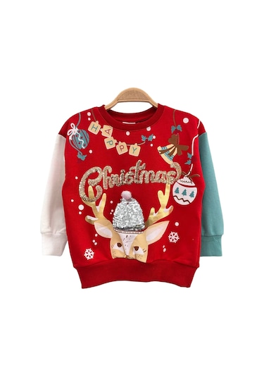Kız Çocuk Sevimli Geyik Payet Detaylı Kırmızı Renk Sweatshirt 3 İplik Kırmızı - Yeşil