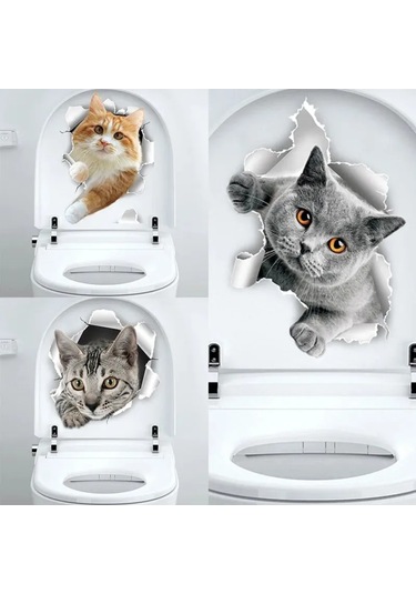 Tenfowee Banyo Tuvaleti Koltuğu Dekoratif Sticker - Mavi Kedi Desenli, Su Geçirmez, Kir Bağlamaz, Kalıcı Pvc Materyal Gri