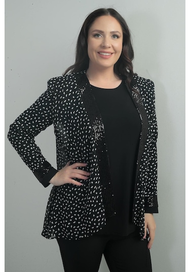 Kadın Uzun Kollu Bluz Önü Kol Uçları Pulpayet Puantiyeli Şifon Ceket Büyük Beden 2'li Takım-40890 Siyah