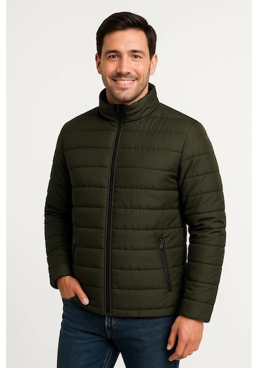 Erkek Bomber Mont Ceket Su İtici Kumaş, Kapitone Astarlı, Fermuarlı, Kışlık - Haki Haki