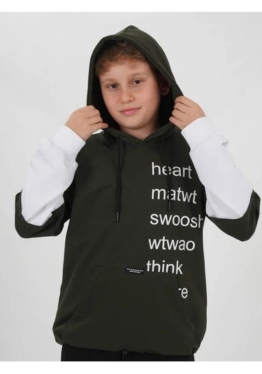 Çocuk Pamuklu Kapüşonlu Heart Mat Yazılı Sweatshirt-14830 Haki