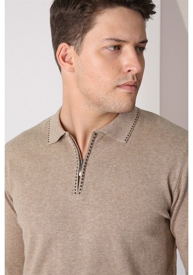 Ferraro Bej Polo Yaka Fermuarlı Erkek Pamuk Kazak Bej