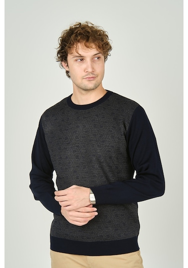 Ateş Triko Erkek Bisiklet Yaka Desenli Yün Kazak 3035 Lacivert Lacivert