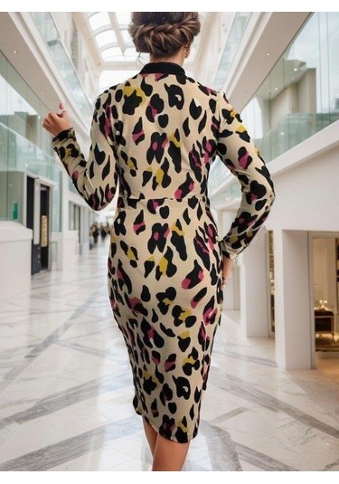 Kadın Uzun Kollu V Yaka Puantiyeli Krep Midi Boy Elbise Leopar
