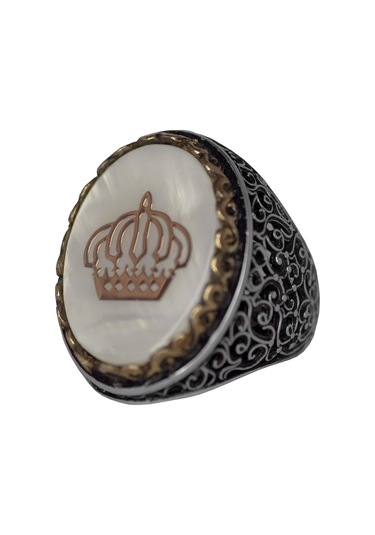 Regal Ve Sembolik Erkek 925 Ayar Gümüş Yüzük - Taç Sembolü Ve Doğal Taşlarla Süslenmiş Gümüş